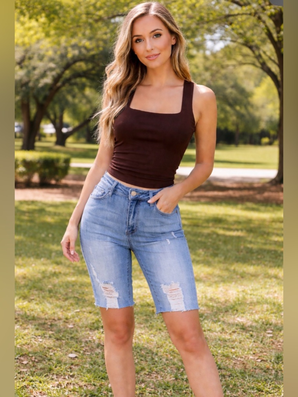 RISEN- High-Rise Distressed Denim Bermuda Shorts - Light Blue